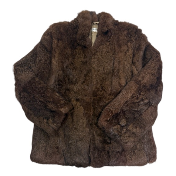 Vintage 80s Rabbit Brown Fur Mid Jacket Coat Made in Hong Kong Size Small - Picture 1 of 13